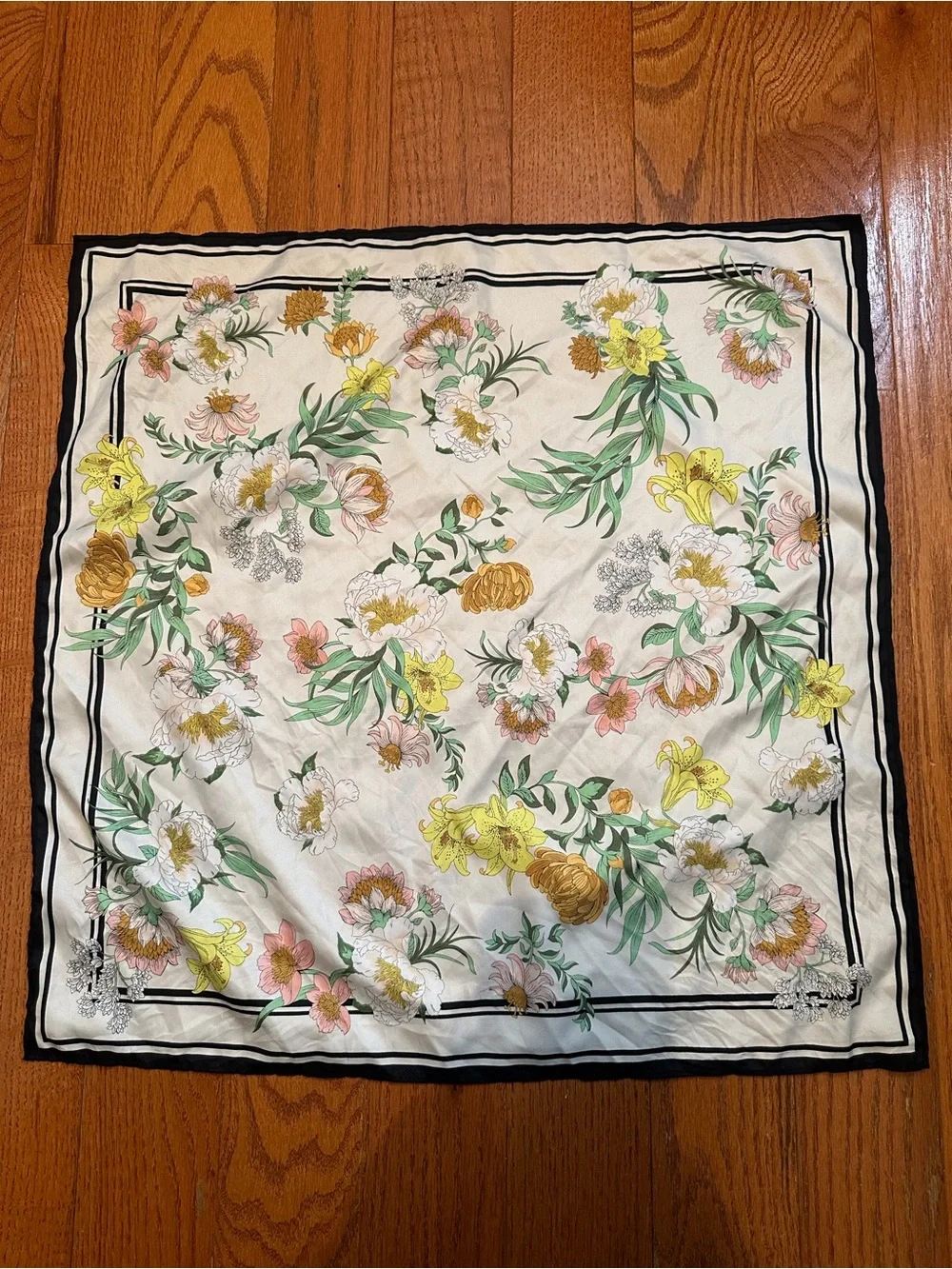 Vintage Style Floral Botanical Square Scarf 22x22 Ivory Black Border Hair Neck